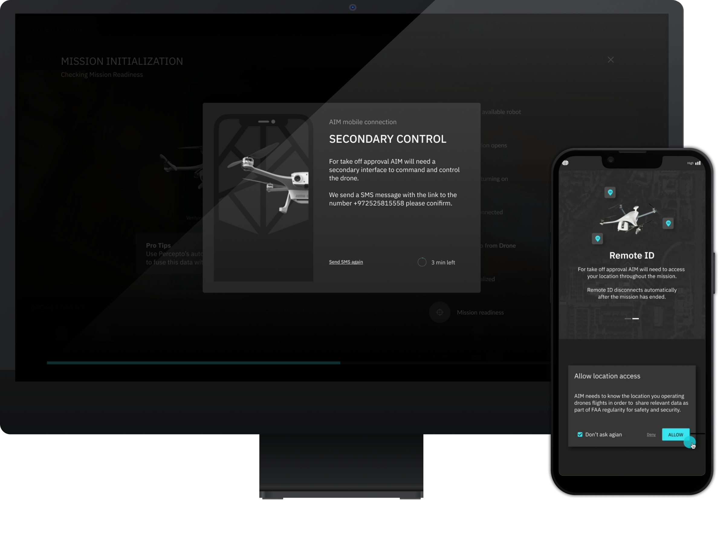 AIM desktop with secondary control and mobile Remote ID location prompt — seamless handoff between surfaces
